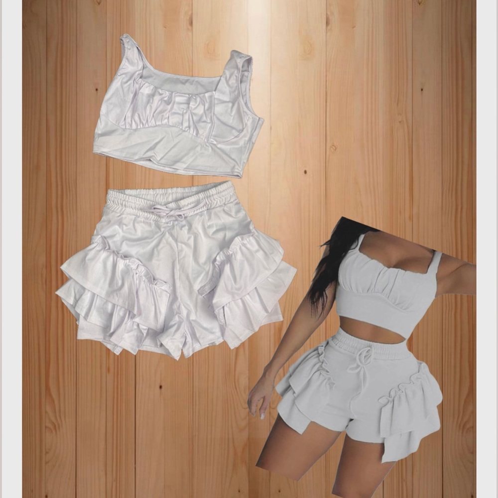 Ruffle NWT 2 Piece Shorts Set Crop Tank White Women’s SzXL